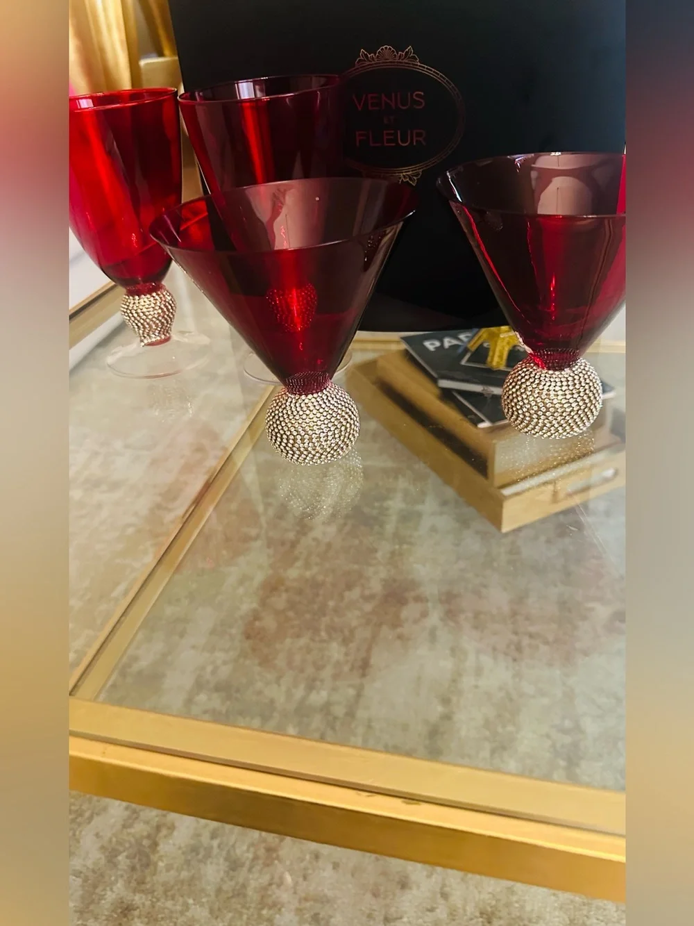Crystal Red Martini Glasses with Rhinestone Ball Stem